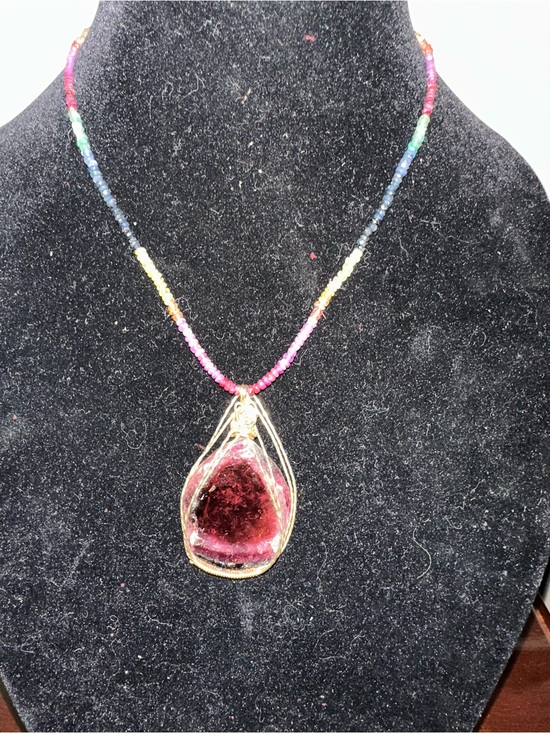 Hand Crafted Jewelry - Hand Crafted Gold Wire Teardrop Watermelon Tourmaline & genuine Sapphire beads